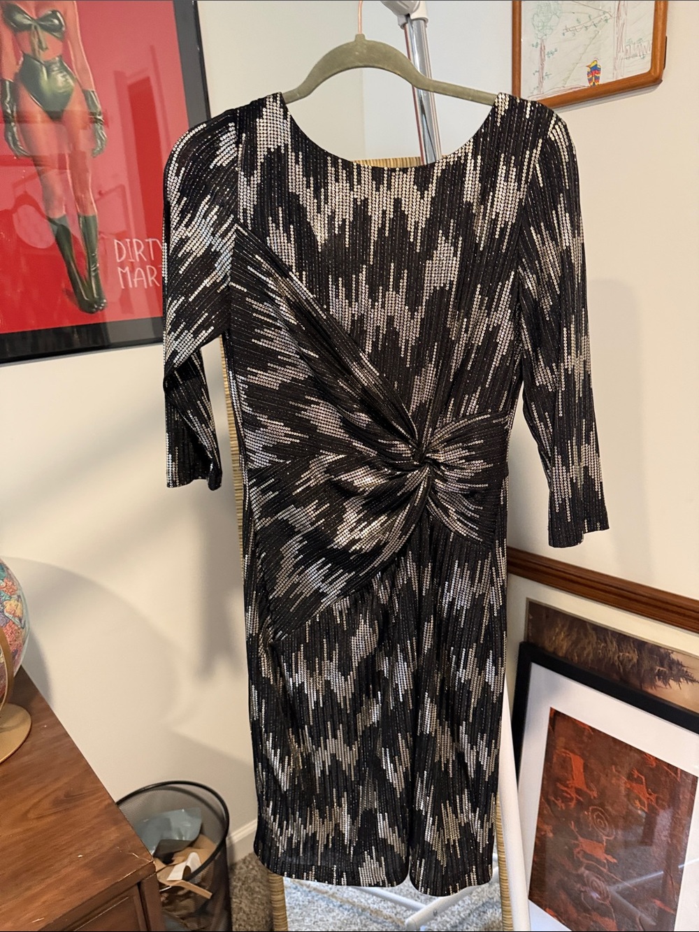 Frank Lyman Design Black and Silver Twist-Waist Midi Dress